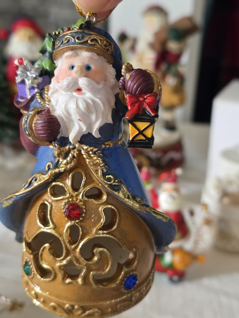 Vintage Old World Whimsical Blue and Gold Santa Ornament